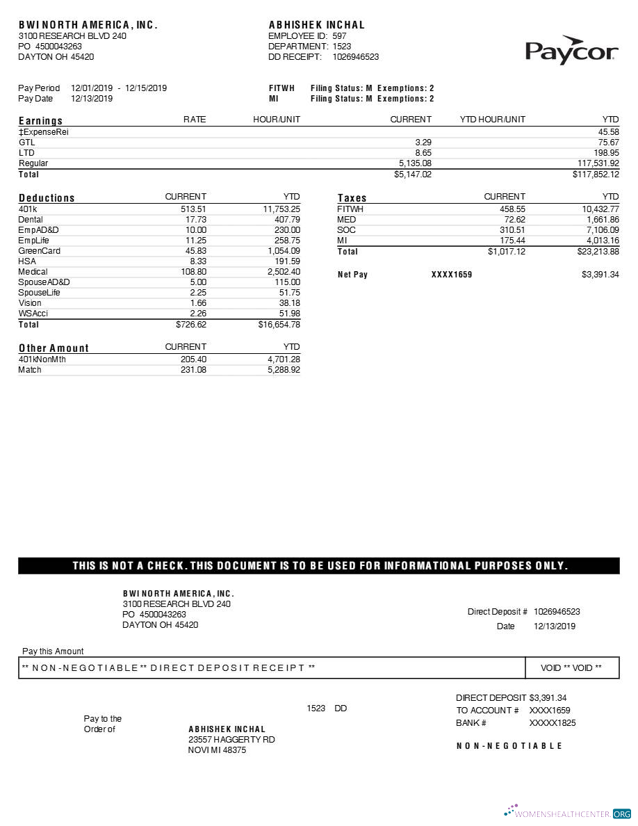 Download Paycor BWI NORTH AMERICA, INC. earnings statement template in Word and PDF formats.pdf, 1 Photoshop template